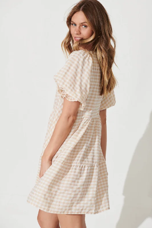 Santanna Smock Dress In Beige And White Gingham Cotton Blend