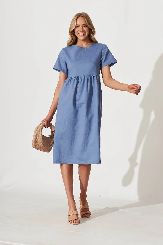 Seaside Midi Smock Dress In Blue Linen Cotton