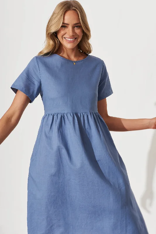 Seaside Midi Smock Dress In Blue Linen Cotton