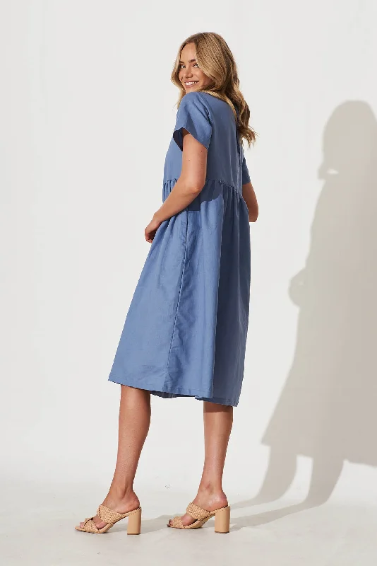 Seaside Midi Smock Dress In Blue Linen Cotton