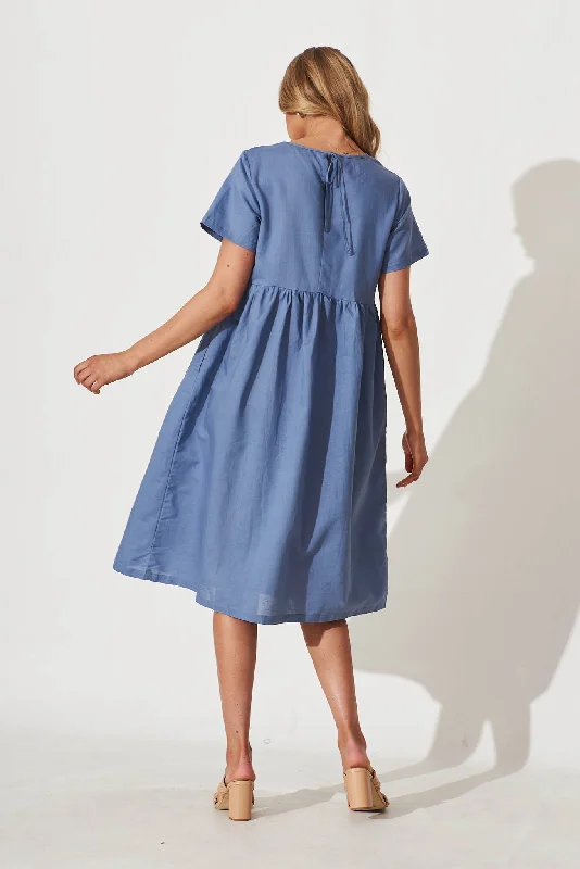 Seaside Midi Smock Dress In Blue Linen Cotton