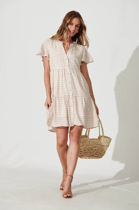 Shelta Shirt Dress In Beige Gingham Check Cotton Blend