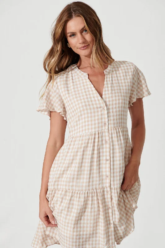 Shelta Shirt Dress In Beige Gingham Check Cotton Blend