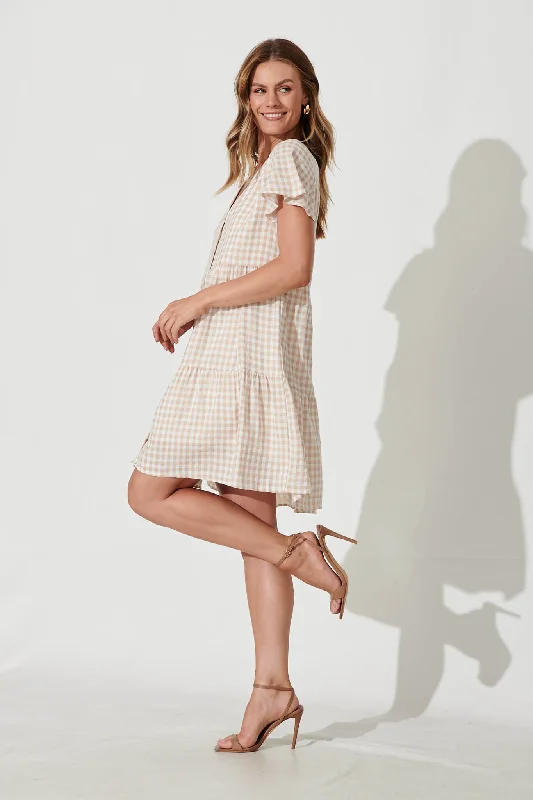 Shelta Shirt Dress In Beige Gingham Check Cotton Blend