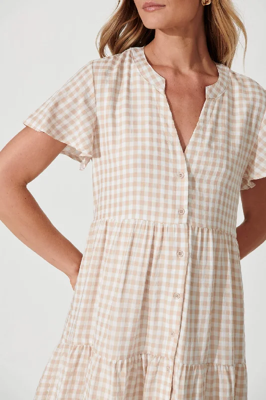 Shelta Shirt Dress In Beige Gingham Check Cotton Blend