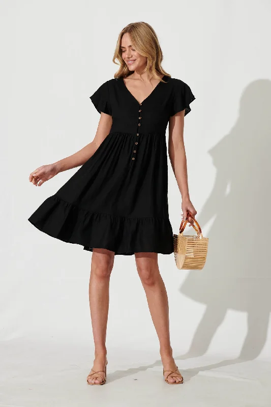 Similan Smock Dress In Black Linen Blend