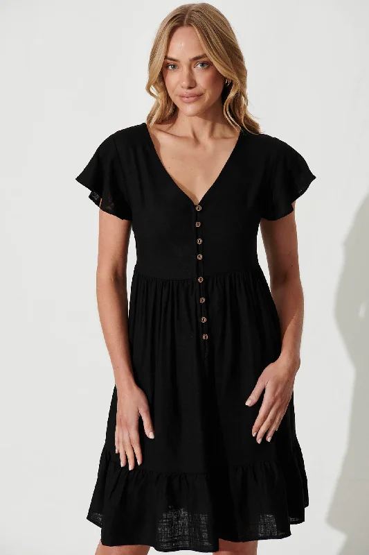 Similan Smock Dress In Black Linen Blend