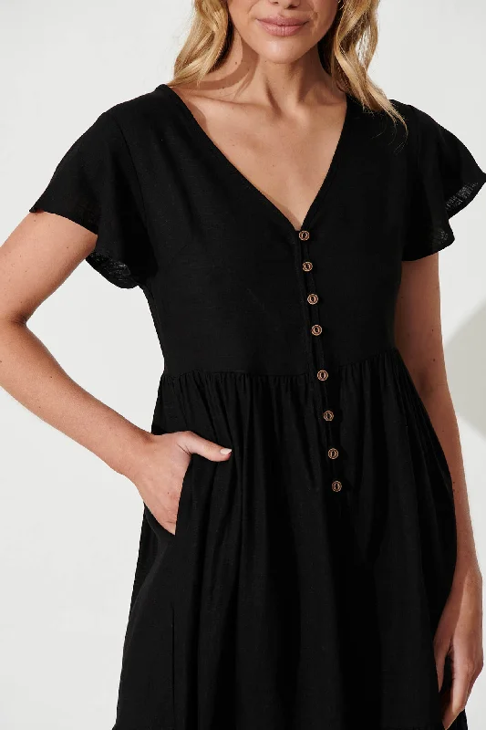 Similan Smock Dress In Black Linen Blend