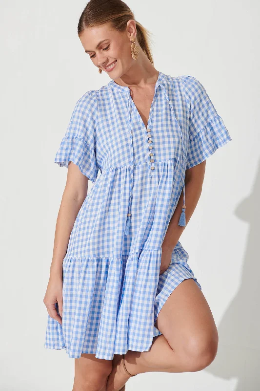 Tahnee Smock Dress In Blue And White Gingham Cotton Blend