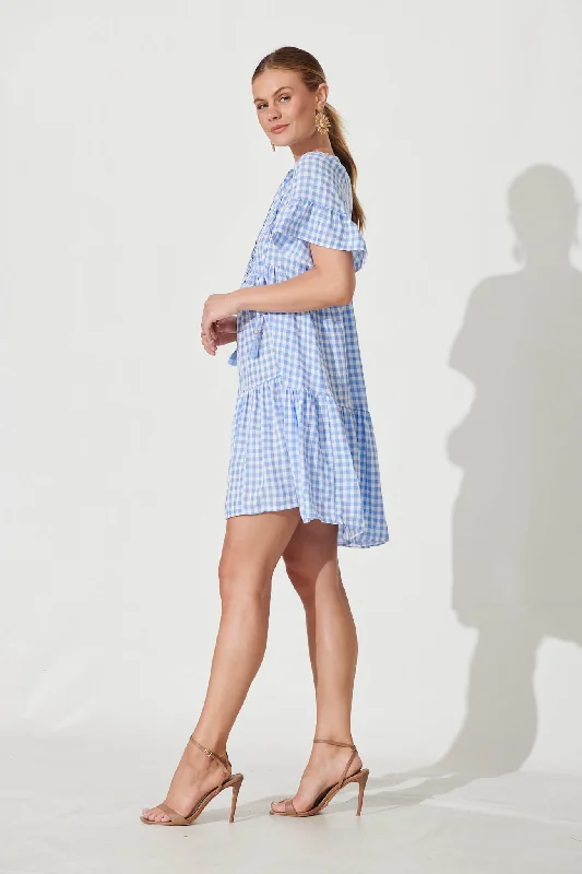 Tahnee Smock Dress In Blue And White Gingham Cotton Blend