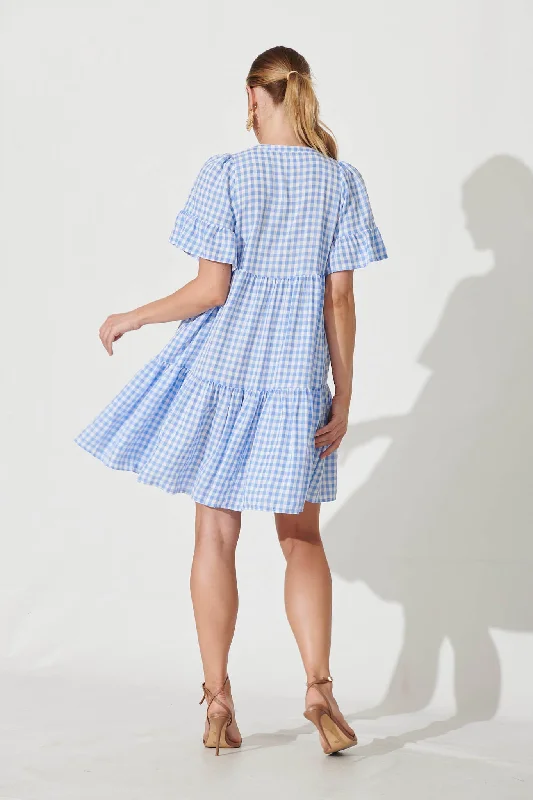 Tahnee Smock Dress In Blue And White Gingham Cotton Blend