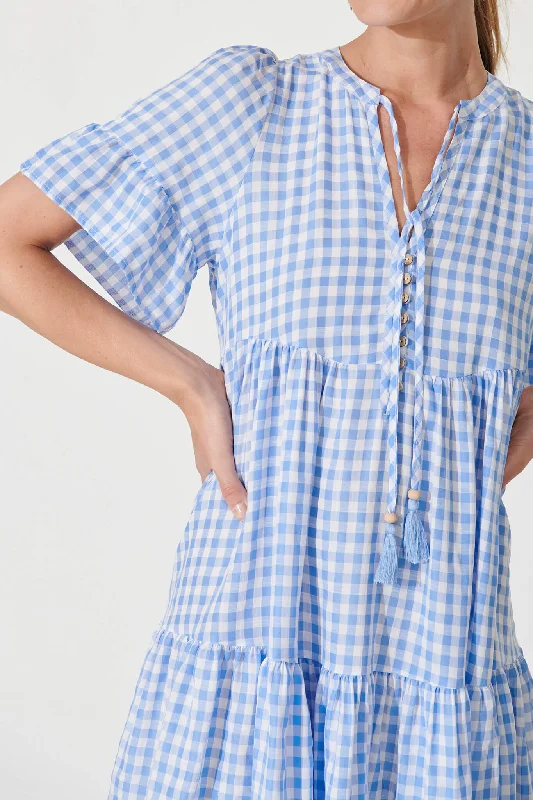 Tahnee Smock Dress In Blue And White Gingham Cotton Blend