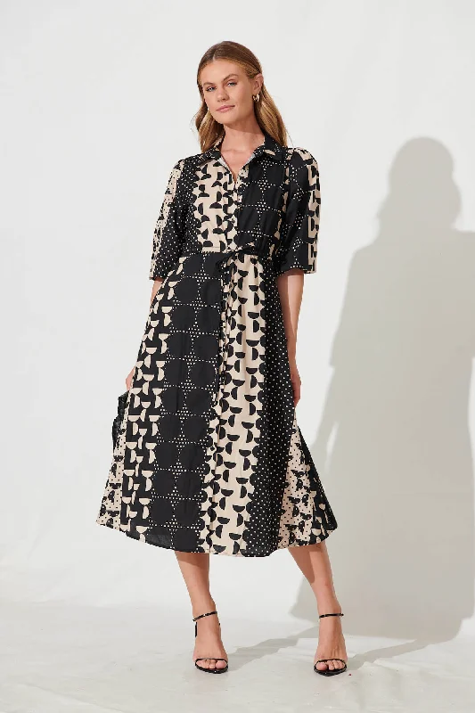 Twain Midi Shirt Dress In Black With Beige Geometric Spot Cotton