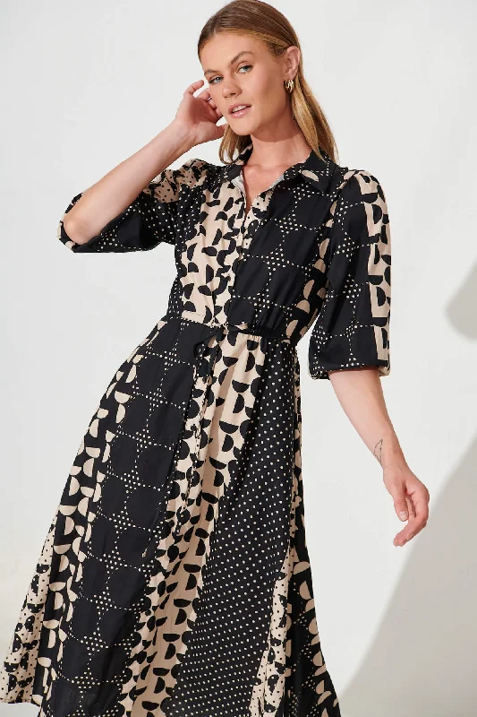 Twain Midi Shirt Dress In Black With Beige Geometric Spot Cotton