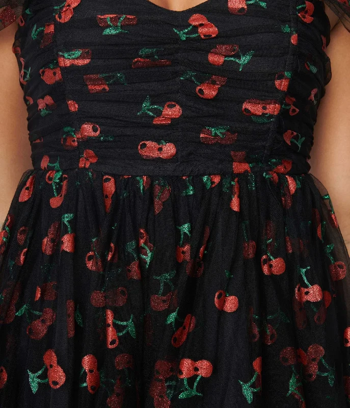 Unique Vintage Black & Glitter Cherry Print Heart & Soul Babydoll Dress