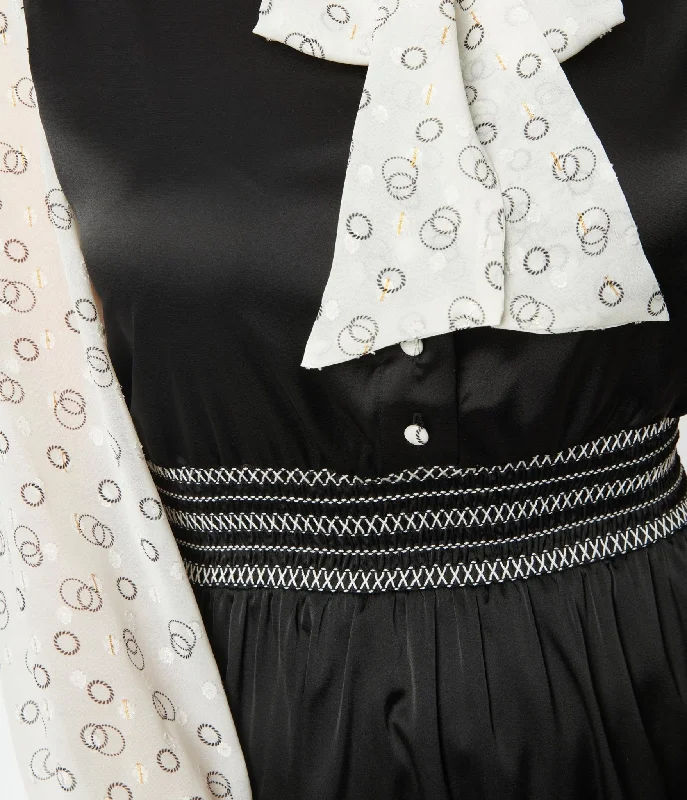 Unique Vintage 1970s Black & Ivory Neck Tie Flare Dress