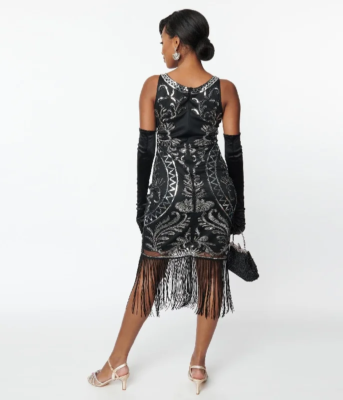 Unique Vintage 1920s Black & Silver Sequin Sleeveless Fringe Flapper Dress