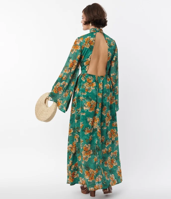 Unique Vintage 1970s Green & Orange Floral Bell Sleeve Maxi Dress