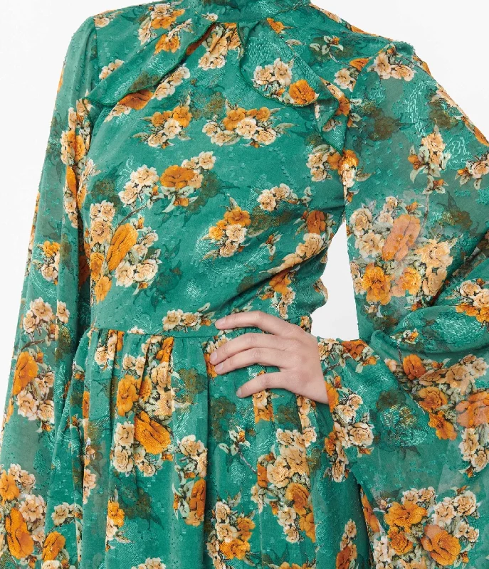 Unique Vintage 1970s Green & Orange Floral Bell Sleeve Maxi Dress