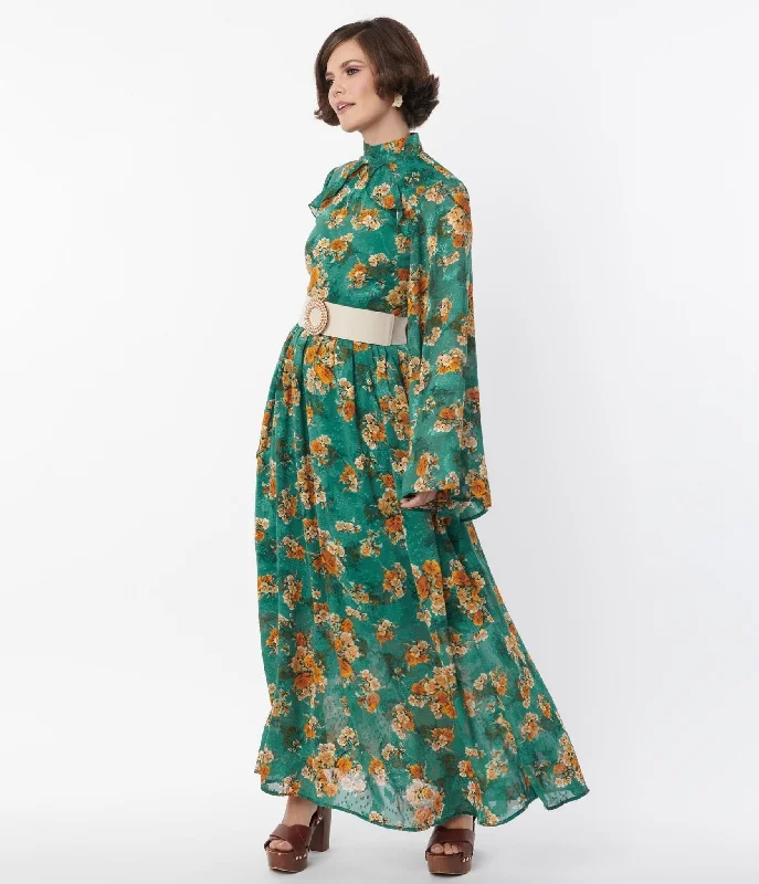 Unique Vintage 1970s Green & Orange Floral Bell Sleeve Maxi Dress