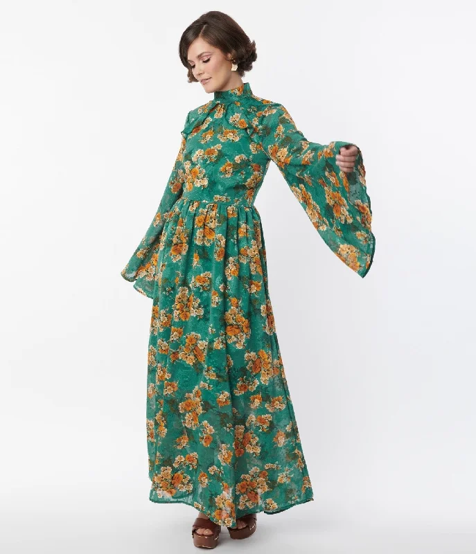 Unique Vintage 1970s Green & Orange Floral Bell Sleeve Maxi Dress