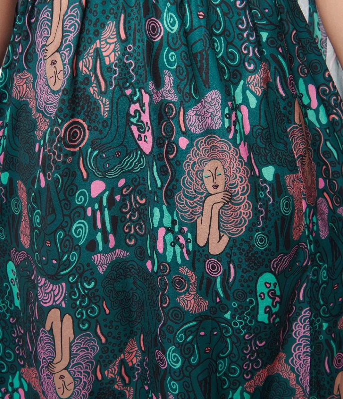 Unique Vintage Green Psychedelic Woman Print Cape Maxi Dress