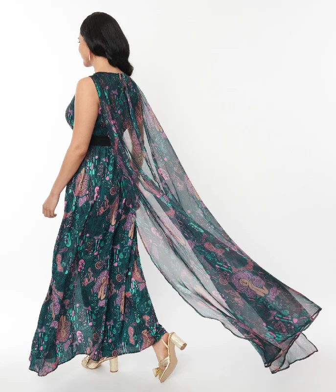 Unique Vintage Green Psychedelic Woman Print Cape Maxi Dress