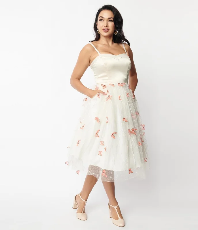 Unique Vintage Ivory & Butterfly Bertie Swing Dress