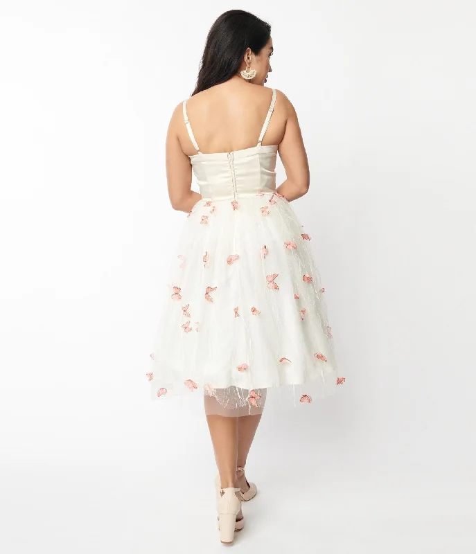 Unique Vintage Ivory & Butterfly Bertie Swing Dress