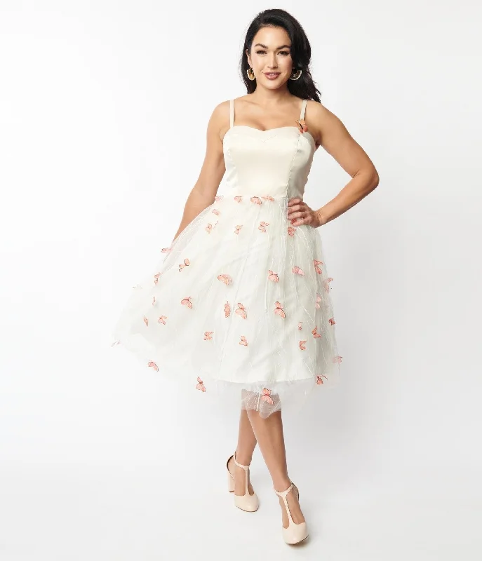 Unique Vintage Ivory & Butterfly Bertie Swing Dress