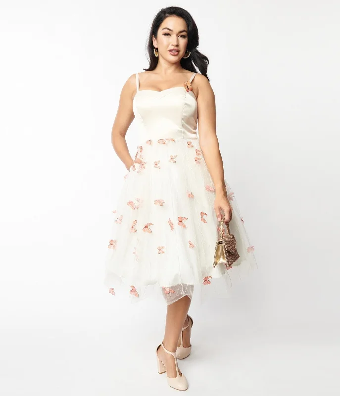 Unique Vintage Ivory & Butterfly Bertie Swing Dress