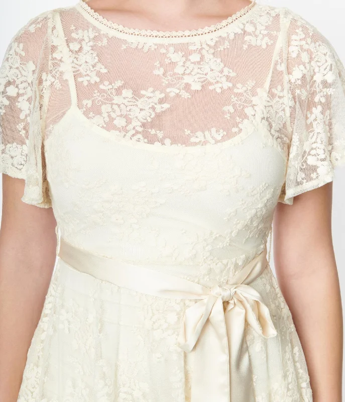 Unique Vintage 1930s Ivory Floral Lace Bridal Swing Dress