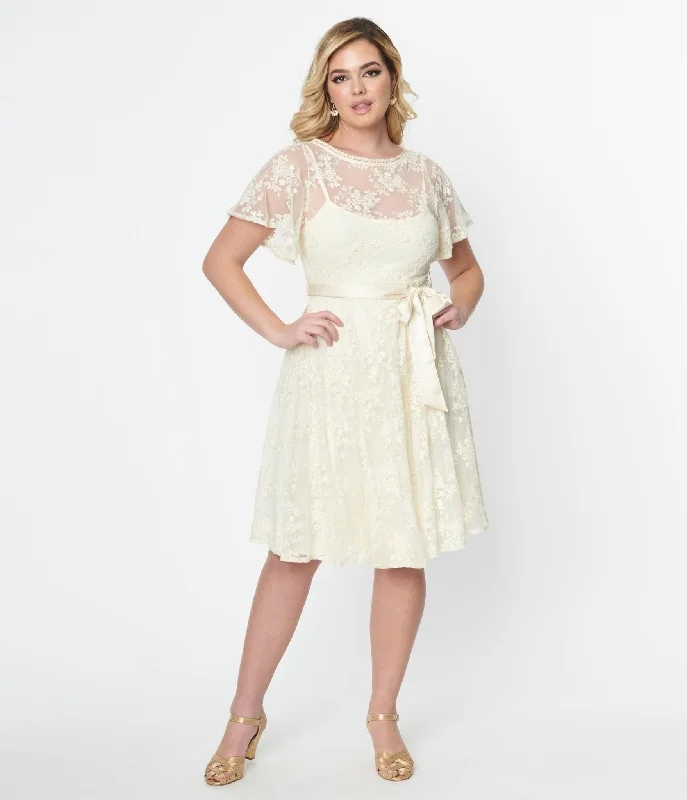 Unique Vintage 1930s Ivory Floral Lace Bridal Swing Dress