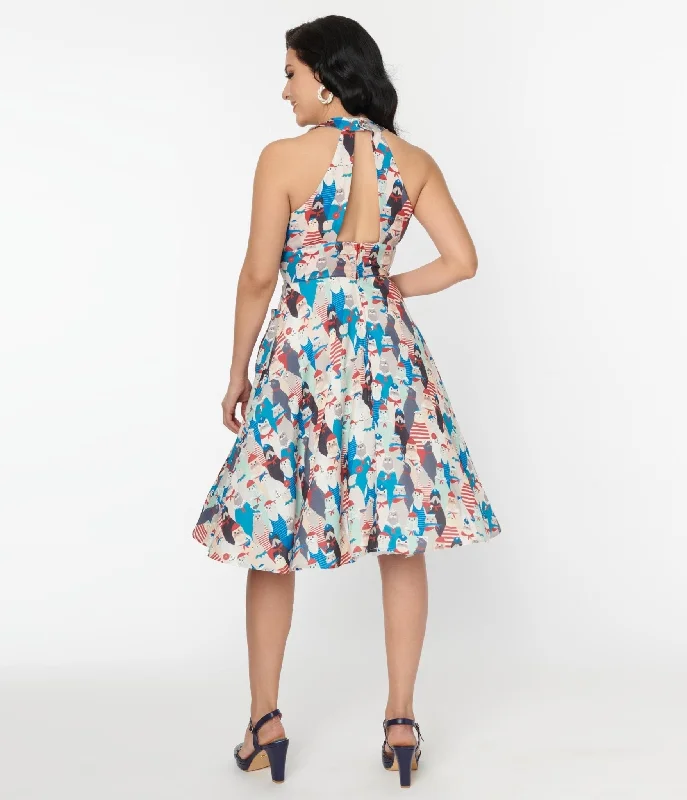 Unique Vintage 1940s La Jolla Cove Print Halter Swing Dress