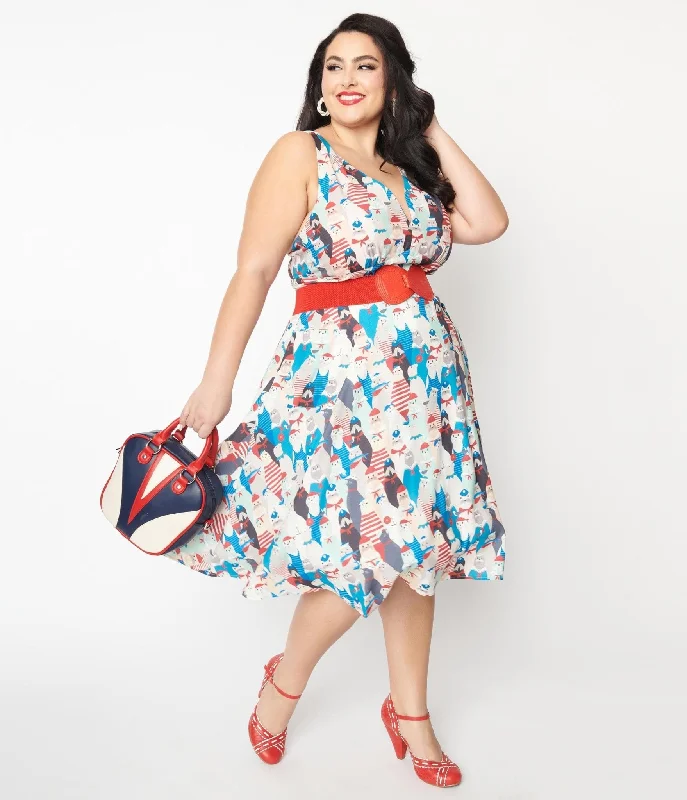 Unique Vintage 1940s La Jolla Cove Print Halter Swing Dress