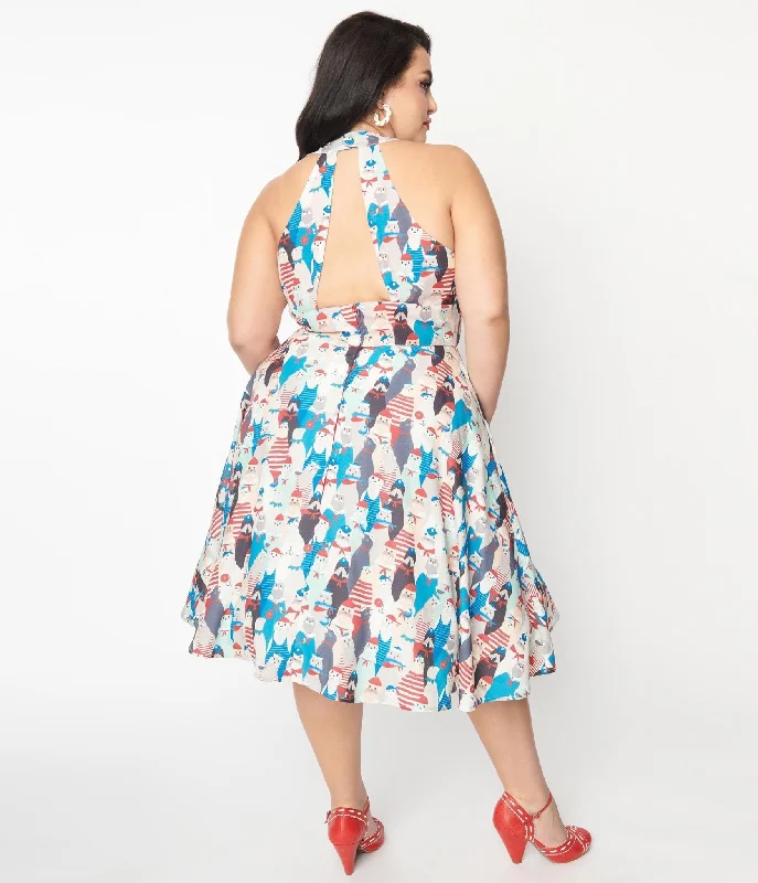 Unique Vintage 1940s La Jolla Cove Print Halter Swing Dress