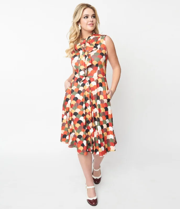 Unique Vintage 1940s Multicolor Scallop Print Ribboned Swing Dress