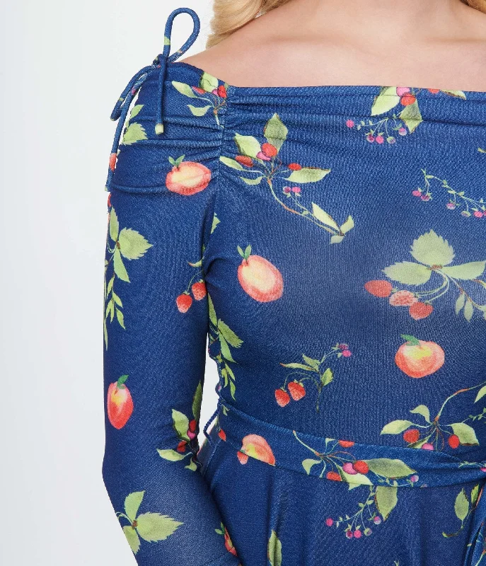 Unique Vintage Navy & Orchard Print Off Shoulder Flare Dress