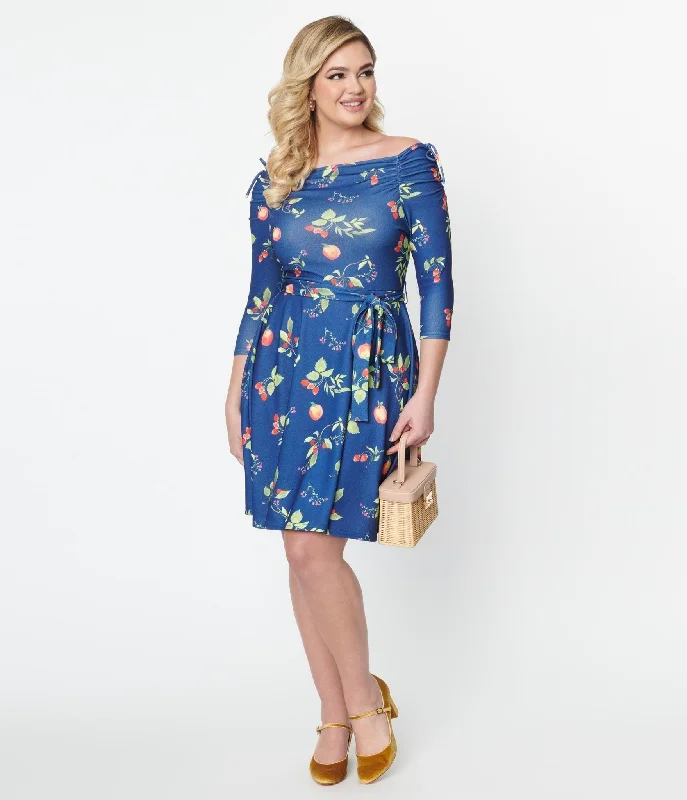 Unique Vintage Navy & Orchard Print Off Shoulder Flare Dress