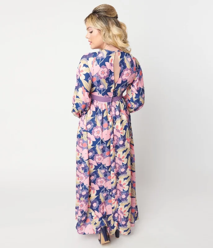 Unique Vintage 1970s Navy & Purple Floral Print Buttercup Maxi Dress