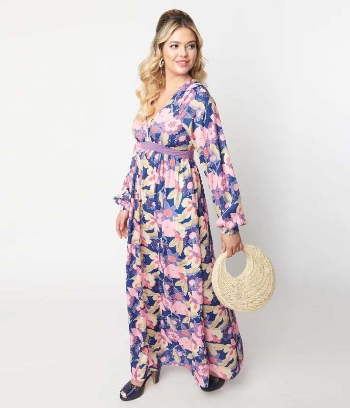 Unique Vintage 1970s Navy & Purple Floral Print Buttercup Maxi Dress