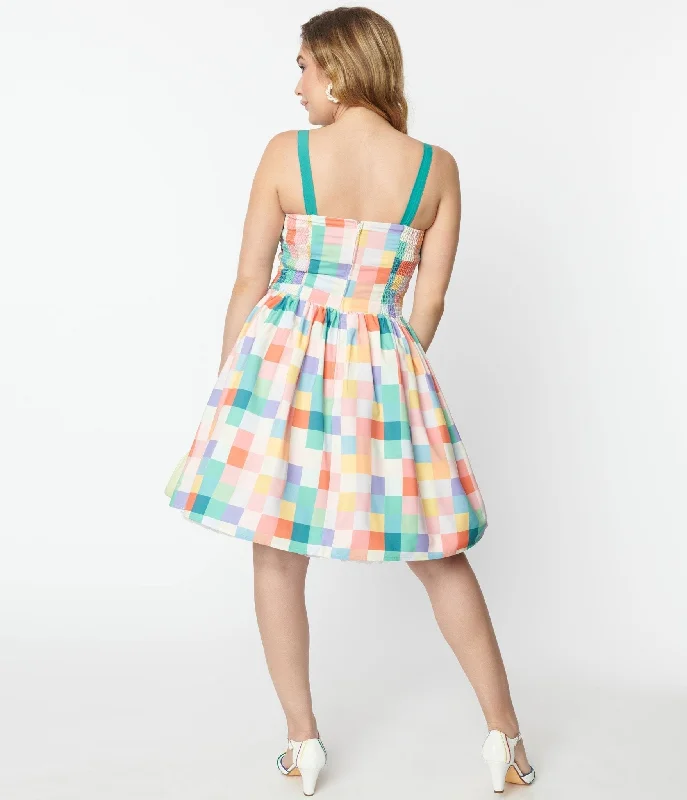 Unique Vintage Pastel Rainbow Checkered Golightly Flare Dress