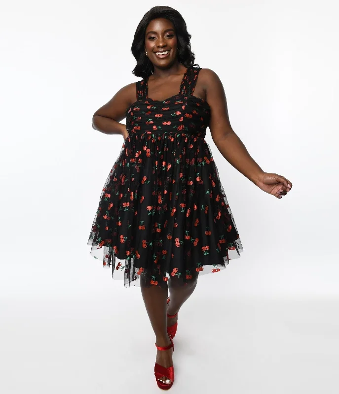 Unique Vintage Plus Size Black & Glitter Cherry Print Heart & Soul Babydoll Dress