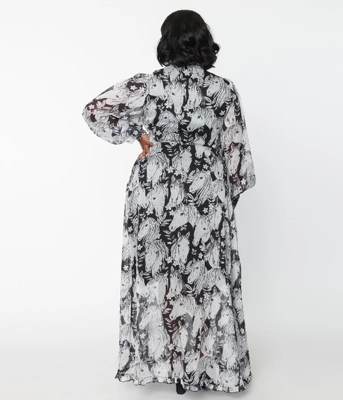 Unique Vintage Plus Size Black & Wild Horses Neck Tie Maxi Dress