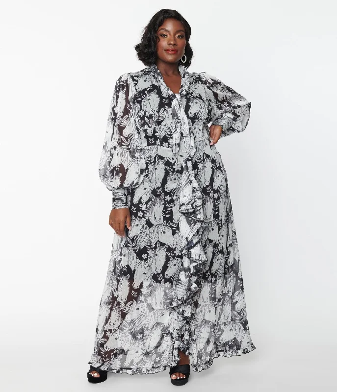 Unique Vintage Plus Size Black & Wild Horses Neck Tie Maxi Dress