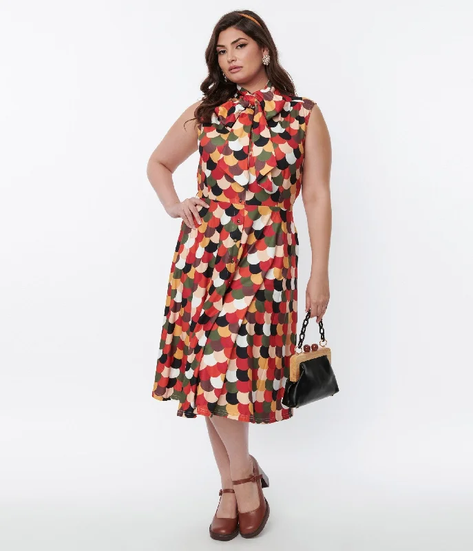 Unique Vintage Plus Size 1940s Multicolor Scallop Print Ribboned Swing Dress