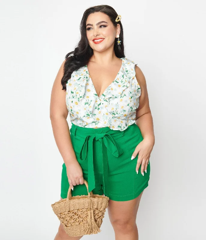 Unique Vintage Plus Size White Daisy Print Sleeveless Blouse