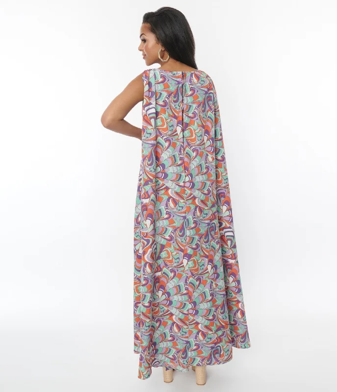 Unique Vintage Purple & Mint Psychedelic Wave Print Cape Maxi Dress