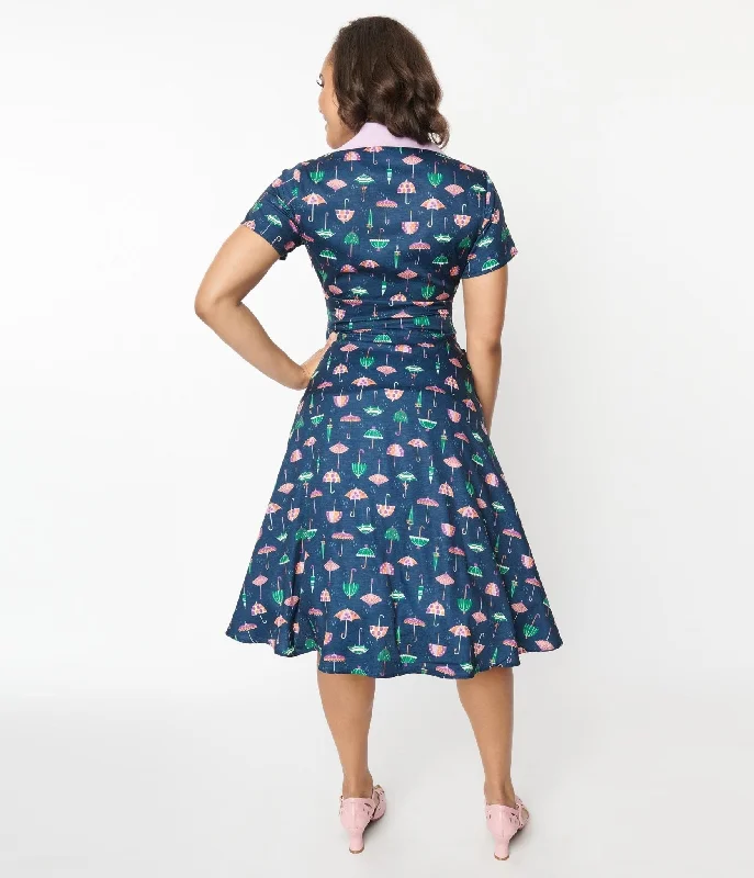 Unique Vintage Purple Umbrella Print Swing Dress