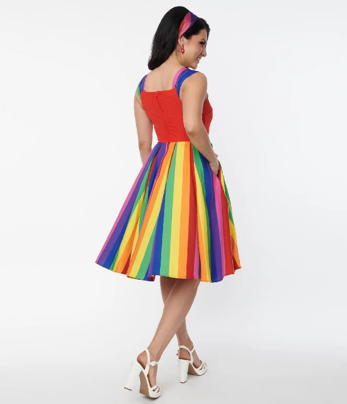 Unique Vintage Red & Rainbow Stripe Swing Dress